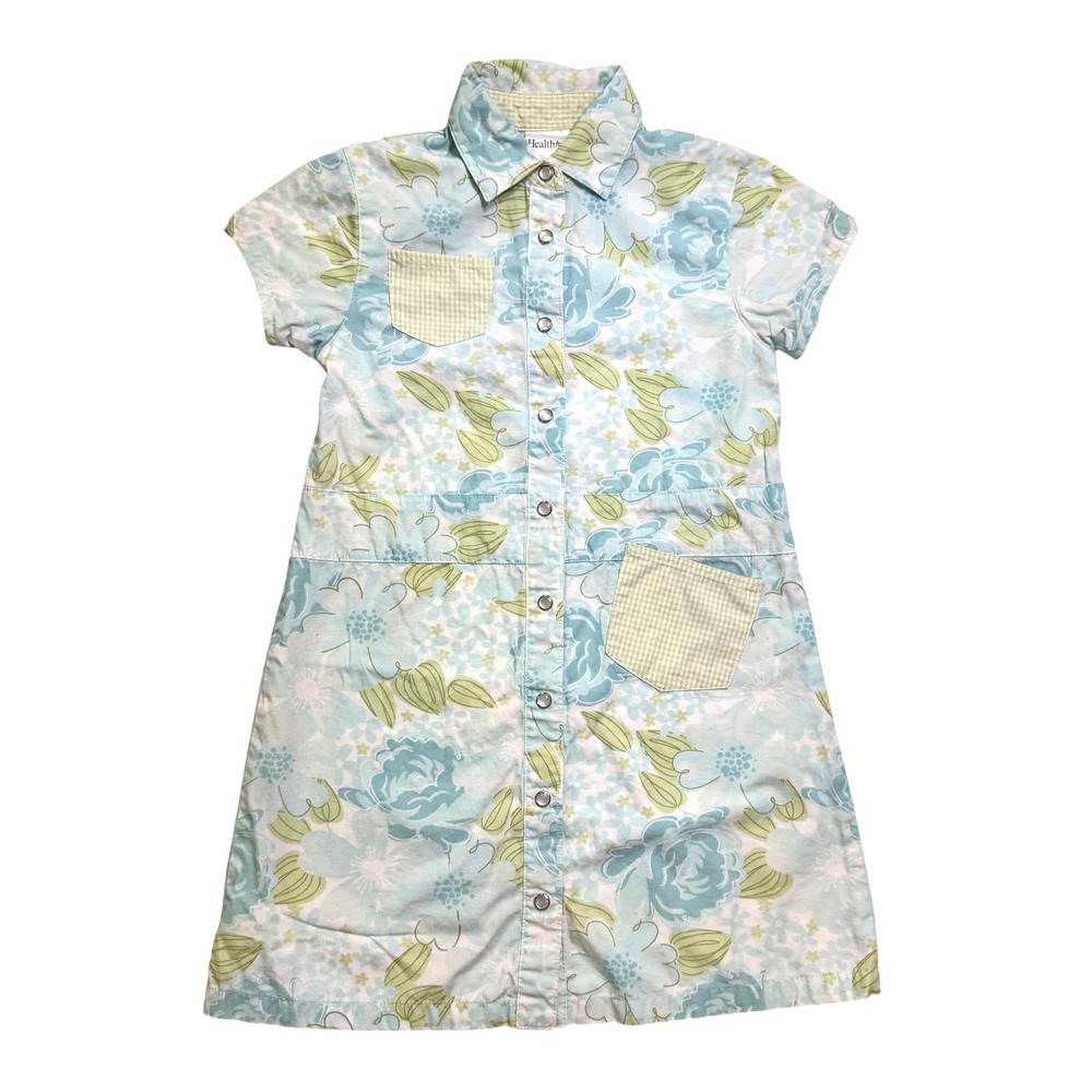 Vintage Y2K Healthtex Collared Shirt Dress 6 Blue Green Floral Pearl Snap